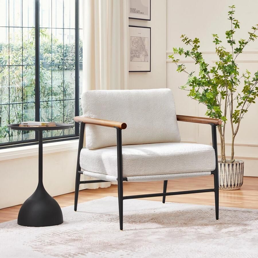 1 x gestoffeerde stoel met armleuningen van hout moderne loungestoel met metalen frame stijlvolle televisiestoel van bouclé-weefsel voor woonkamer slaapkamer ivoorkleurig