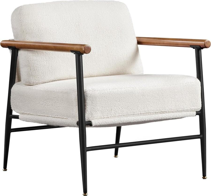 1 x gestoffeerde stoel met armleuningen van hout moderne loungestoel met metalen frame stijlvolle televisiestoel van bouclé-weefsel voor woonkamer slaapkamer ivoorkleurig - Foto 2