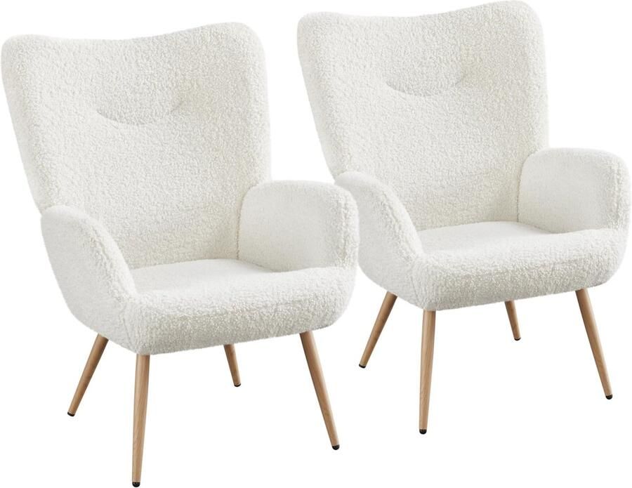 1 x moderne stoel van teddypluche oorstoel leunstoel beklede stoel met houten poten belastbaar tot 136 kg wit