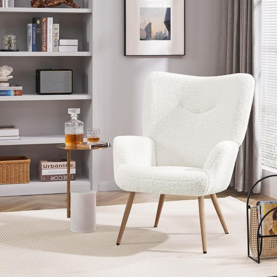 1 x moderne stoel van teddypluche oorstoel leunstoel beklede stoel met houten poten belastbaar tot 136 kg wit