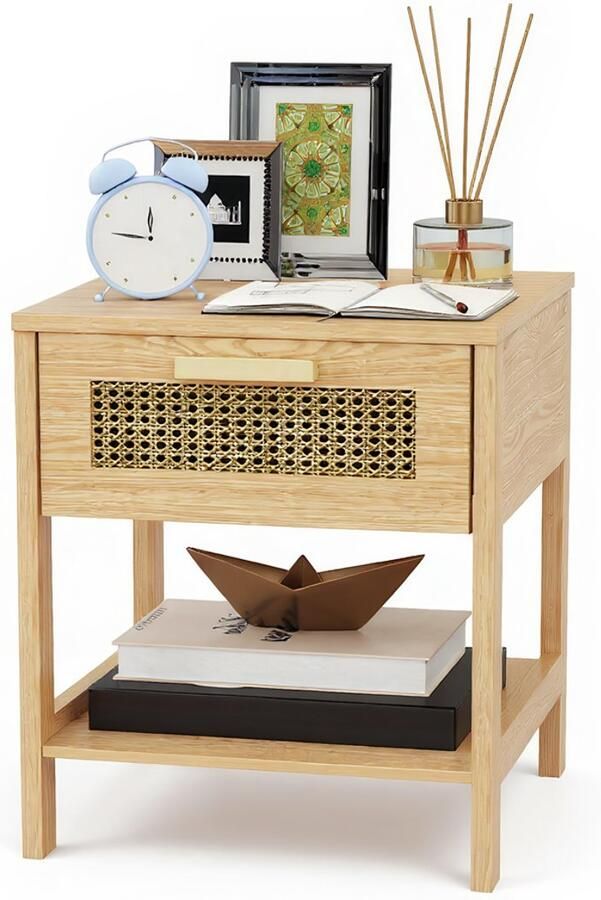 1 x Rieten Nachtkastje Hout en Natuurlijk Riet Boho Side Table met Open Vak en Schuiflade Mid-Century Stijl voor Woonkamer of Slaapkamer