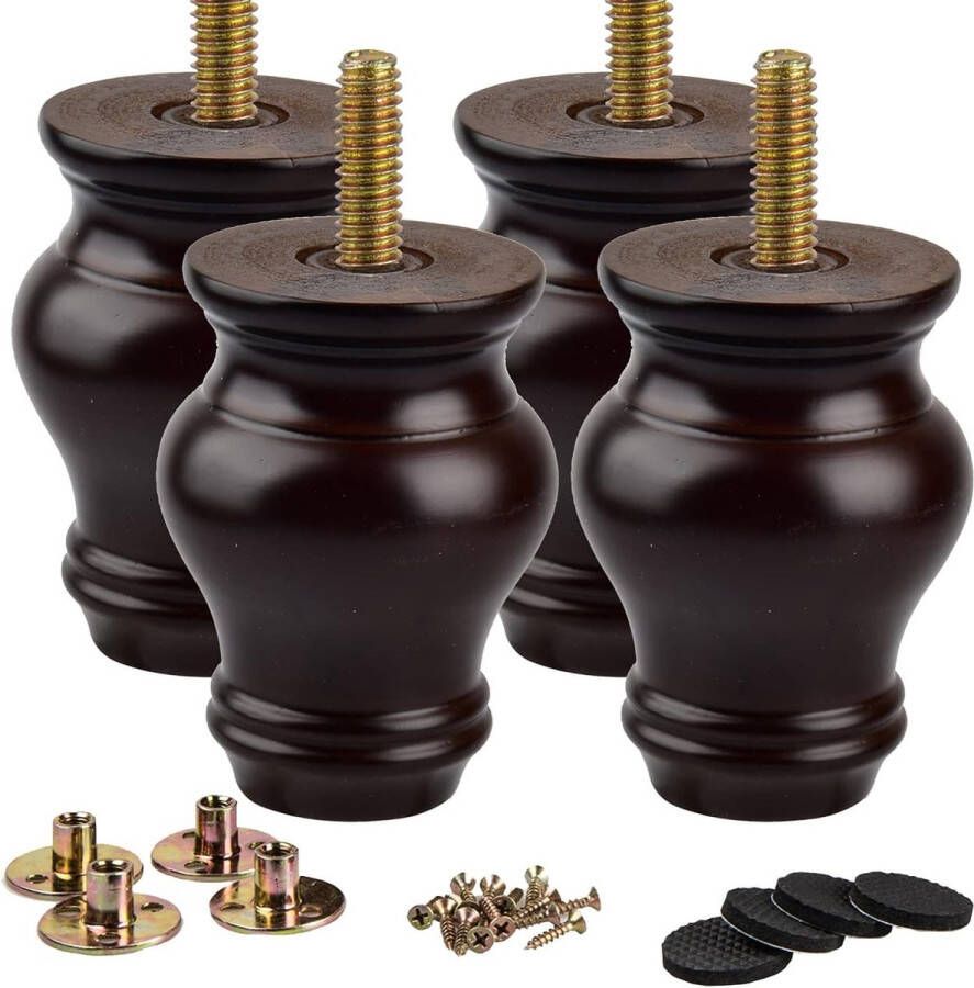 10 cm Houten Tafelpoten La Vane Set van 4 Walnoot Spindel Massief Houten Vervangende Meubelpoten Balpoten met Voorgeboorde M8 5 16 Inch Bouten & Montageplaten & Schroeven voor Bank Bed Kast Ottoman