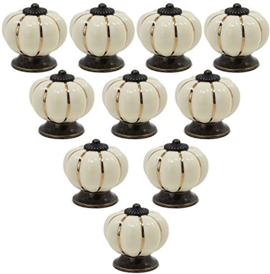 10 keramische meubelknoppen in vintage pompoenvorm voor commode en kasten Beige