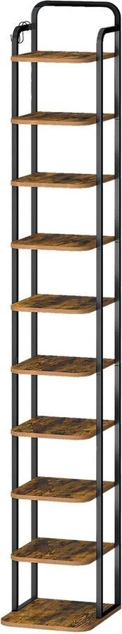 10-Laags Schoenenrek Hoog 171 cm – Smalle Schoenenkast met Haken voor Paraplu of Sleutels Vrijstaand Opbergrek voor Hal Woonkamer Keuken of Boekenkast – Metaal & Houtlook