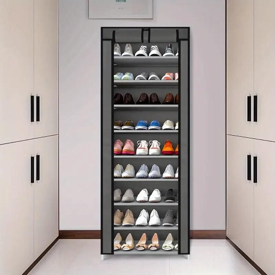 10-Laags Schoenenrek – Stofdichte Schoenenkast met Klittenbandsluiting – Voor 27+ Paar Schoenen – Metalen Frame & Non-Woven Stoffen Planken – Ruimtebesparende Organizer – 160x58x28cm – Zwart