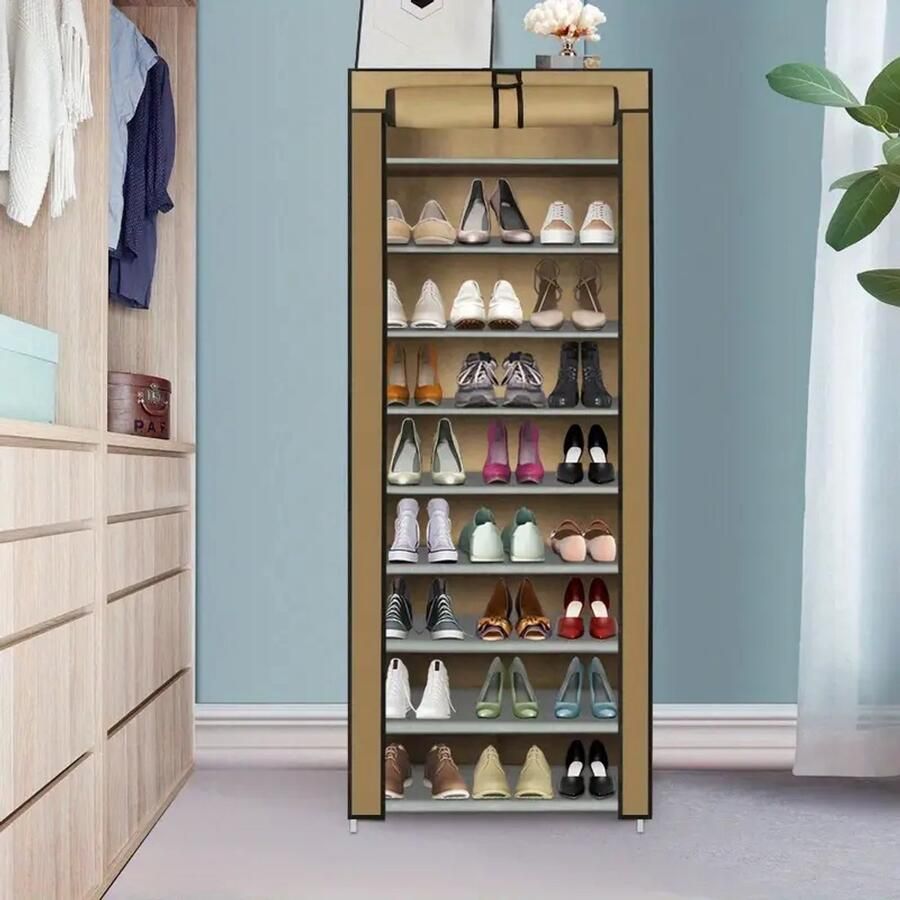 10-Laags Schoenenrek – Stofdichte Schoenenkast met Klittenbandsluiting – Voor 27+ Paar Schoenen – Metalen Frame & Non-Woven Stoffen Planken – Ruimtebesparende Organizer – 160x58x28cm – Zwart