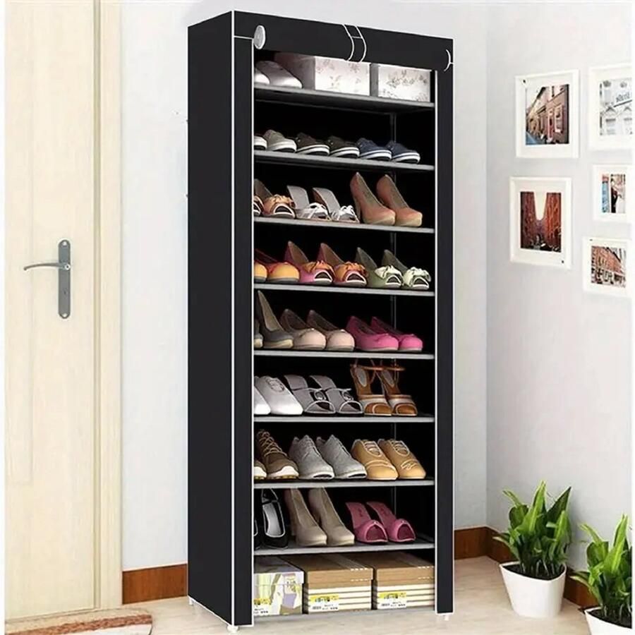 10-Laags Schoenenrek – Stofdichte Schoenenkast met Klittenbandsluiting – Voor 27+ Paar Schoenen – Metalen Frame & Non-Woven Stoffen Planken – Ruimtebesparende Organizer – 160x58x28cm – Zwart
