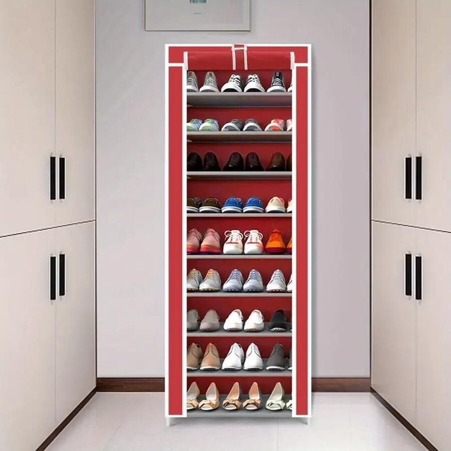 10-Laags Schoenenrek – Stofdichte Schoenenkast met Klittenbandsluiting – Voor 27+ Paar Schoenen – Metalen Frame & Non-Woven Stoffen Planken – Ruimtebesparende Organizer – 160x58x28cm – Zwart
