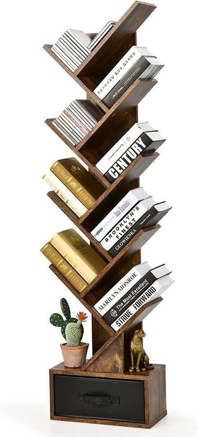 10-laags Vloeropslagrek met Lade – Voor CD's DVD's en Boeken – Slaapkamer Woonkamer en Thuiskantoor – Bruin Rustiek