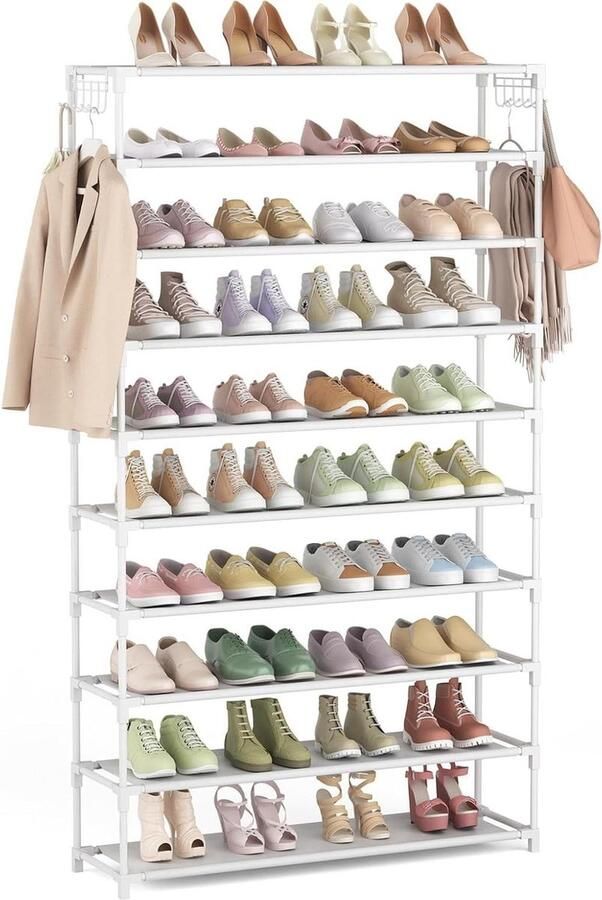 10-niveaus metalen schoenenrek voor 50 paar schoenen schoenenorganizer 155 cm hoog ruimtebesparend wit hal woonkamer entree