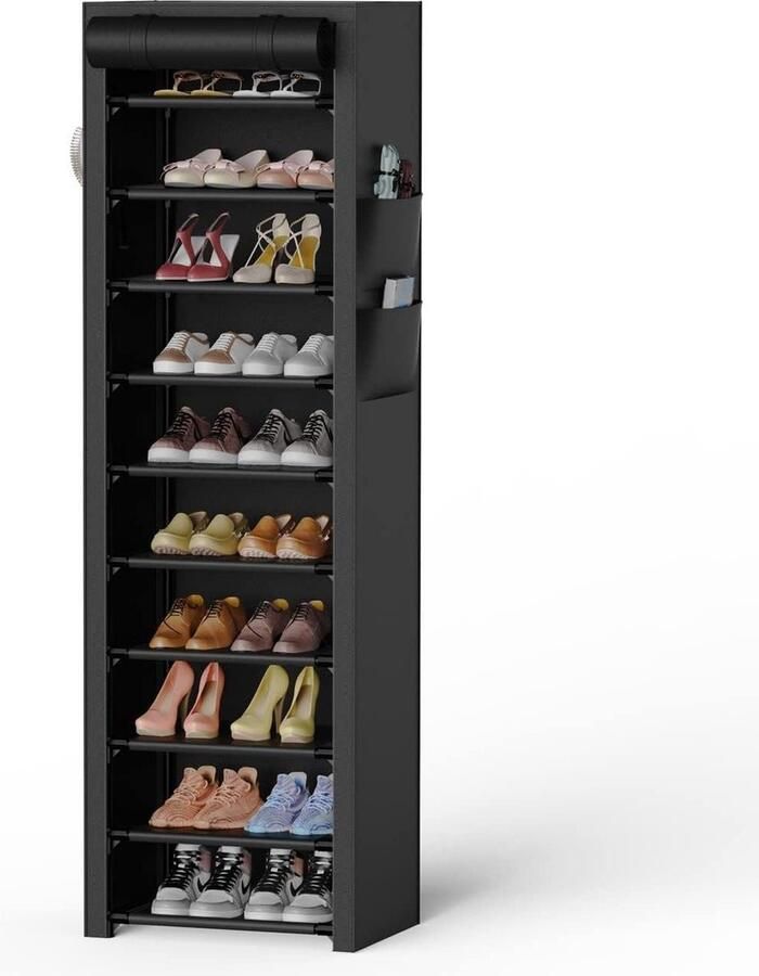 10-niveaus schoenenrek met stofdichte hoes schoenenkast voor 20-22 paar smal en stijlvol schoenenopslag voor hoge hakken en sportschoenen