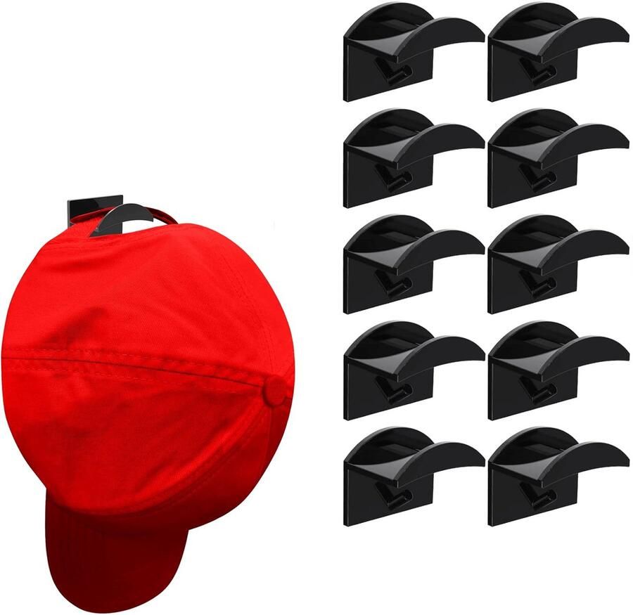 10-pack zelfklevende hoedenhaken voor aan de muur Sterke bevestiging hoedenrek Eenvoudig hoedenrekontwerp Geen boren vereist Baseballpethaken Hoedenopbergrek Voor muur deur kast kantoor slaapkamer Zwart