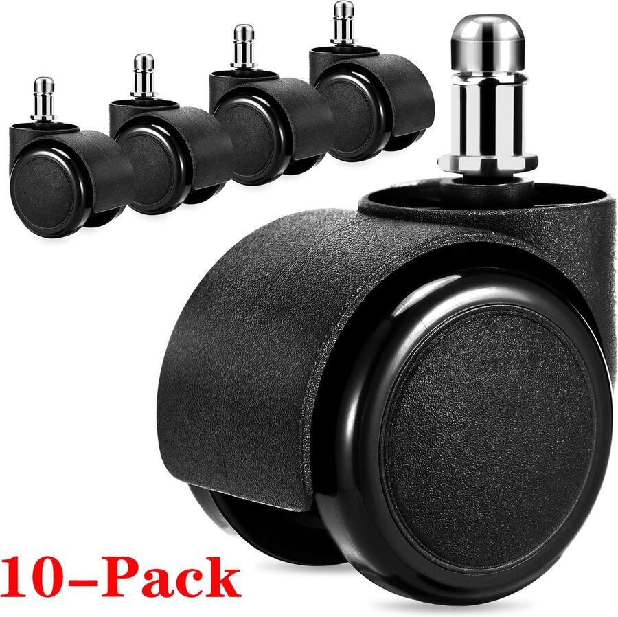 10-Pack Zware Universele Rolstoelwielen 5 cm Zachte PU Loopwielen voor Parket & Tapijt Beschermt Uw Vloer tegen Krassen Universele Aansluiting voor 99% van de Kantoorstoelen Eenvoudig te Monteren zonder Gereedschap (Zwart)