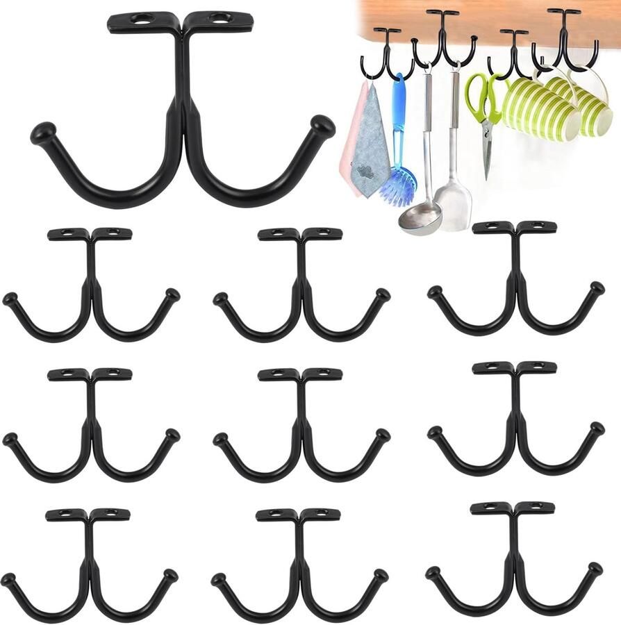 10 Pcs Cup Holders Hooks Under Cabinet 85mm Cup Holder Rack Double Hooks Coffee Cups Hanging Hooks for Office Cafe Bar Closet Bathroom Utility Room (Black)