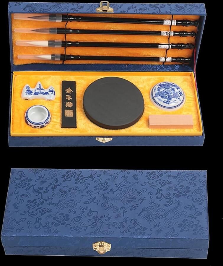 10 Pieces Calligraphy Set Brush Writing Ink Landscape Painting Gifts for Beginners Traditional Four Treasures Blue