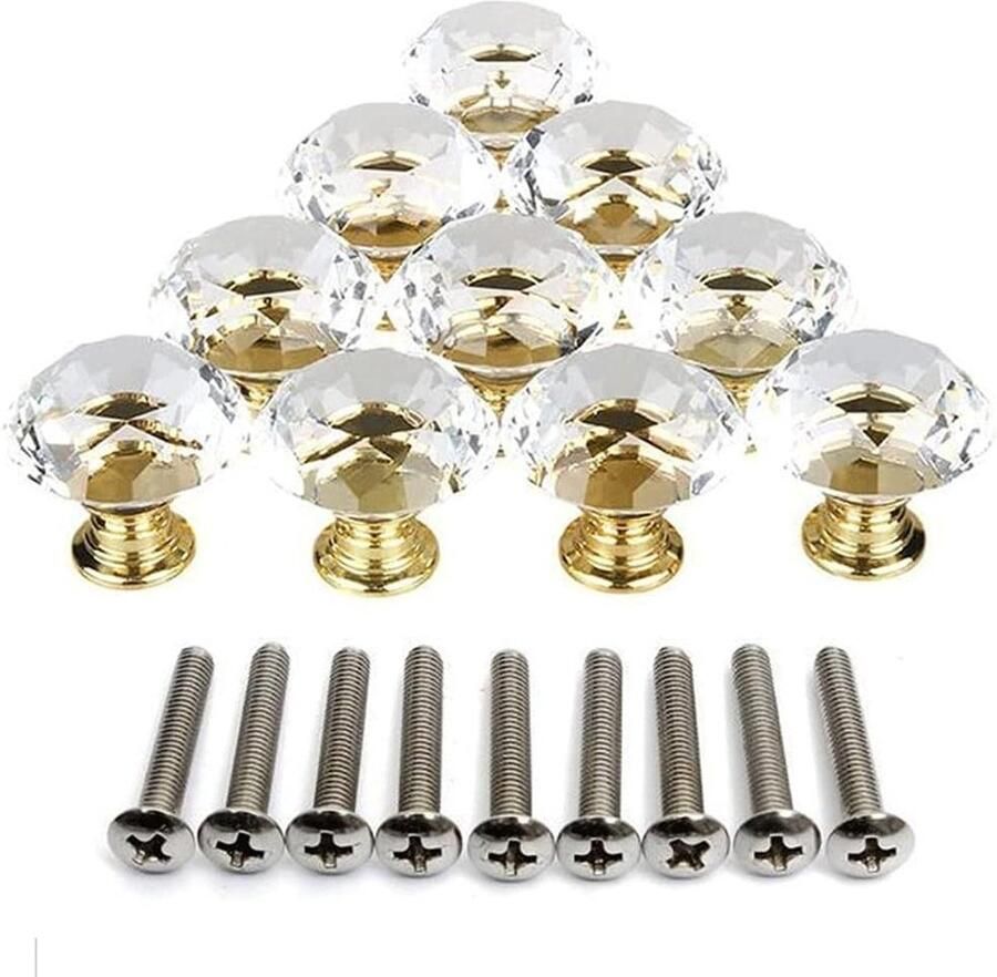10 STKS Diamantvormige Crystal Lade Knoppen Transparante Crystal Clear Glas Knoppen met Gouden Base voor Kast Dressoir Kastje Boekenkast