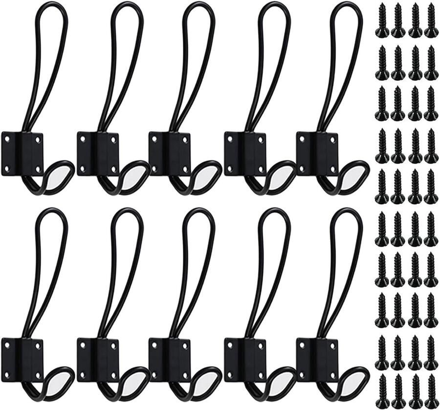 10 stuks 13*4 cm Haak Kapstokhaken Kledinghaak Kasthaken IJzeren haak Rustieke wandhaken Vintage dubbele kapstokhangers voor het ophangen van hoeden en tassen in de hal badkamer slaapkamer met schroeven zwart