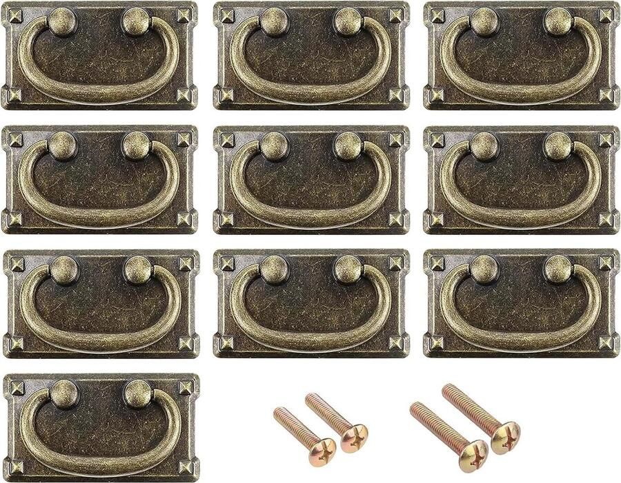 10 stuks antiek messing rechthoek drop ring pull handgrepen voor kast-lade zinklegering (95x52mm) inclusief schroeven (M4 15mm 18mm)