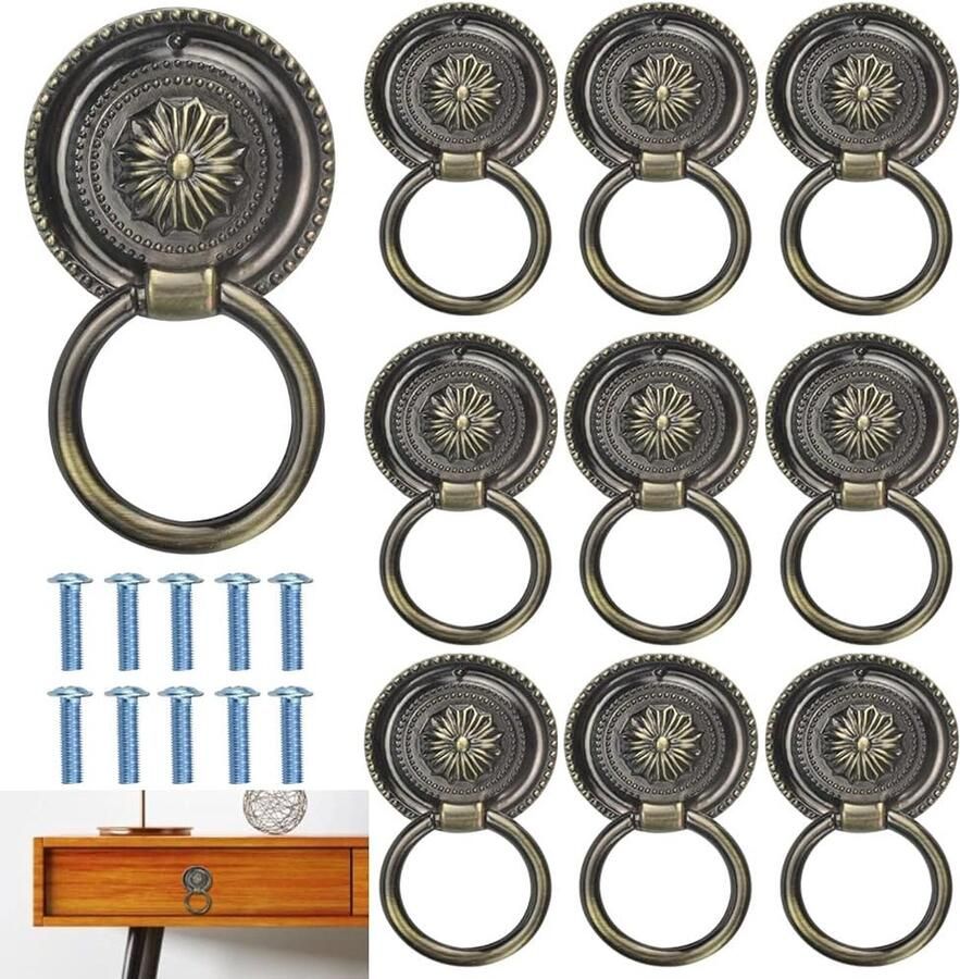 JGS 10 stuks antieke meubelknop meubelgreep ladering handvat vintage kastknop brons drop ring knoppen lade handgrepen ring voor commode kast dressoir meubels
