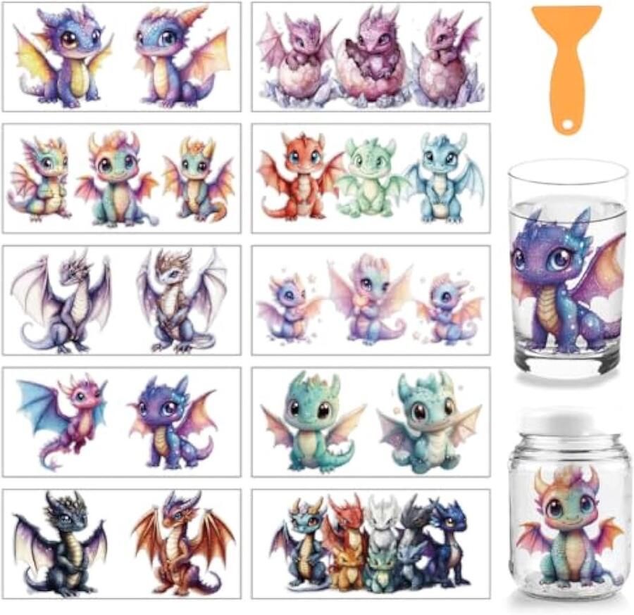 10 stuks cartoon draak thema beker afdrukken UV transfer papier 10 stijlen fantasie schattige draak PVC DIY warmteoverdracht stickers voor 16oz glazen bekers ambachten 9 5 x 4 3 inch