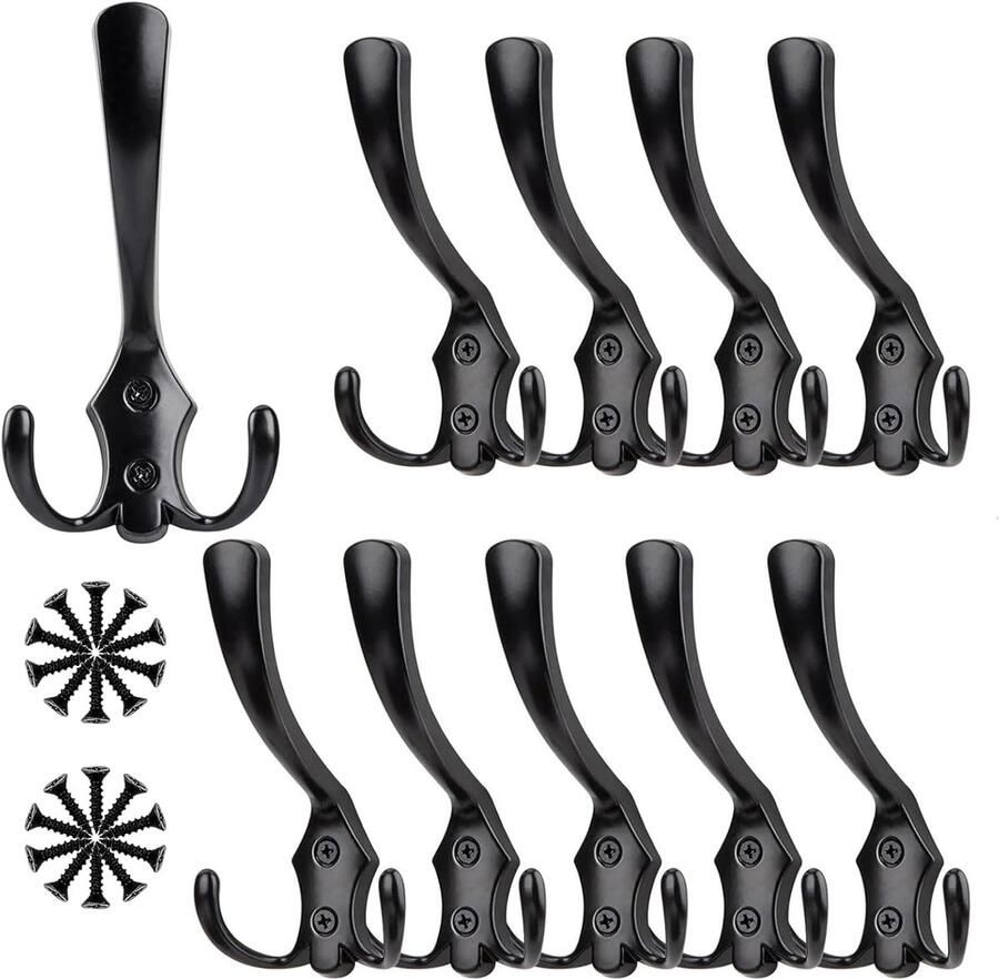 10 stuks Kapstokhaak Kapstokhaken Ophanghaken Handdoekhaakjes haak Kledinghaak Ophanghaak Zinklegering zwart 11.5*6.8 cm Met schroeven voor slaapkamer keuken badkamer