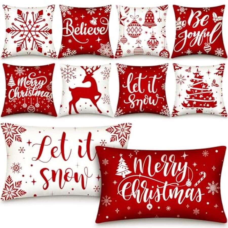 10 Stuks Kerst Kussenslopen Vrolijke Kerstversiering voor Bank Sneeuwpop Krans en Kerstboom Design