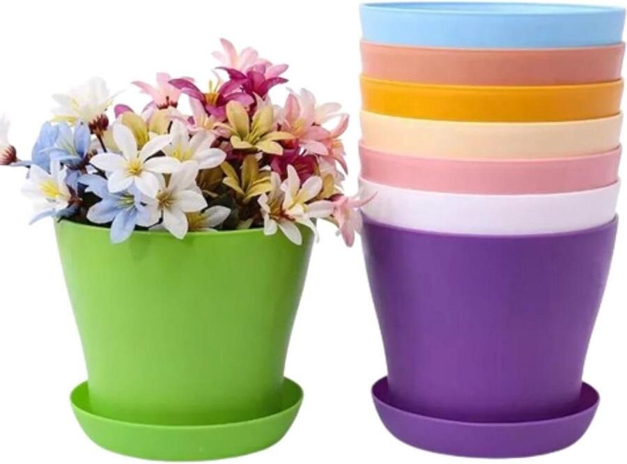 10 stuks kleurrijke plantenpotten en schotels Set van 10 Voor binnen Met druppelbak Kleine plastic zaadpotten Voor bureau en balkon Decoratie 10cm 4 inch