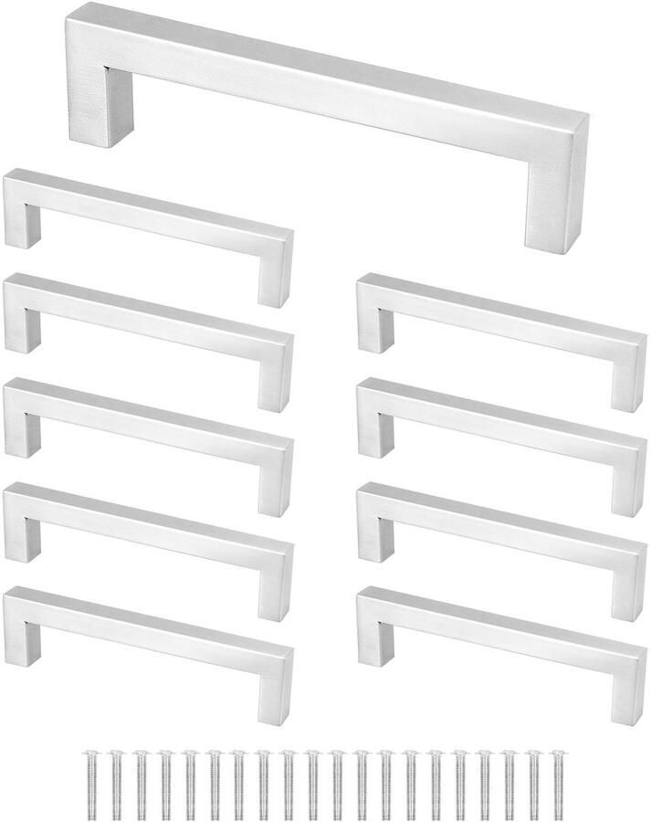 10 stuks meubelgrepen zilver keukenkast handgrepen vierkante handgrepen 304 roestvrij staal met schroeven gat midden: 128 mm