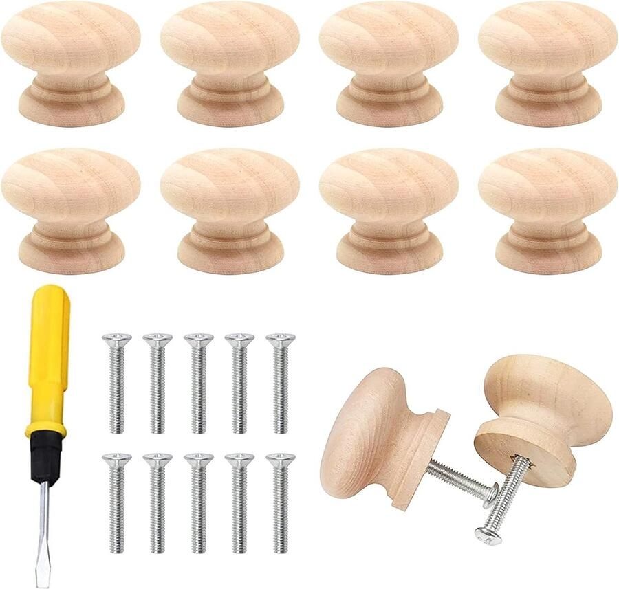 10 stuks meubelknoppen hout houten deurladegrepen kastknoppen met schroeven en schroevendraaier 35 x 26 mm ronde houten knoppen voor meubels keuken handgrepen commode lade schoenenkast