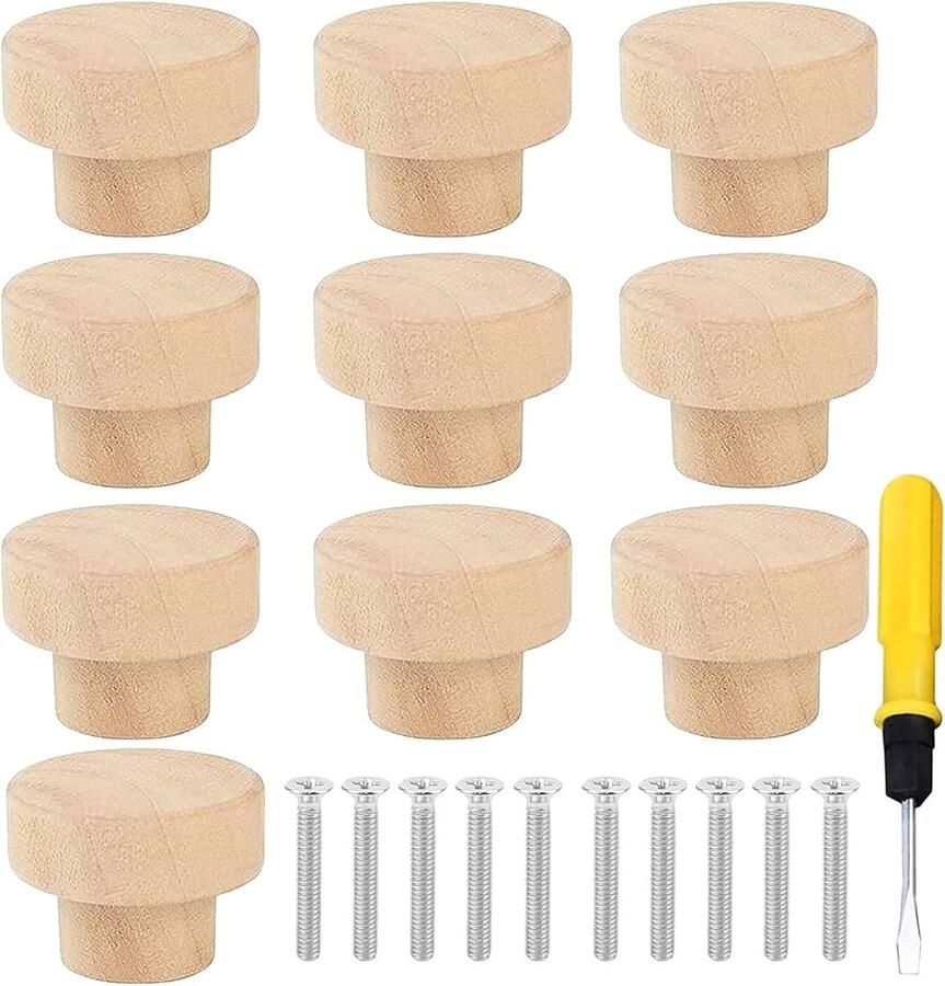 10 stuks meubelknoppen houten ladegreep kastknoppen met schroevendraaier ronde houten knoppen handgrepen knop voor kast houten knoppen voor meubels 33 x 25 mm eenvoudig te monteren vast te pakken