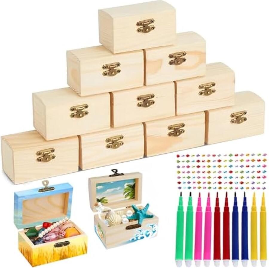 10 stuks mini-schatkisten met 3 stickerblaadjes sieradenkistjes van hout rechthoekig doe-het-zelf met deksel voor piratenfeesten kinderverjaardagen
