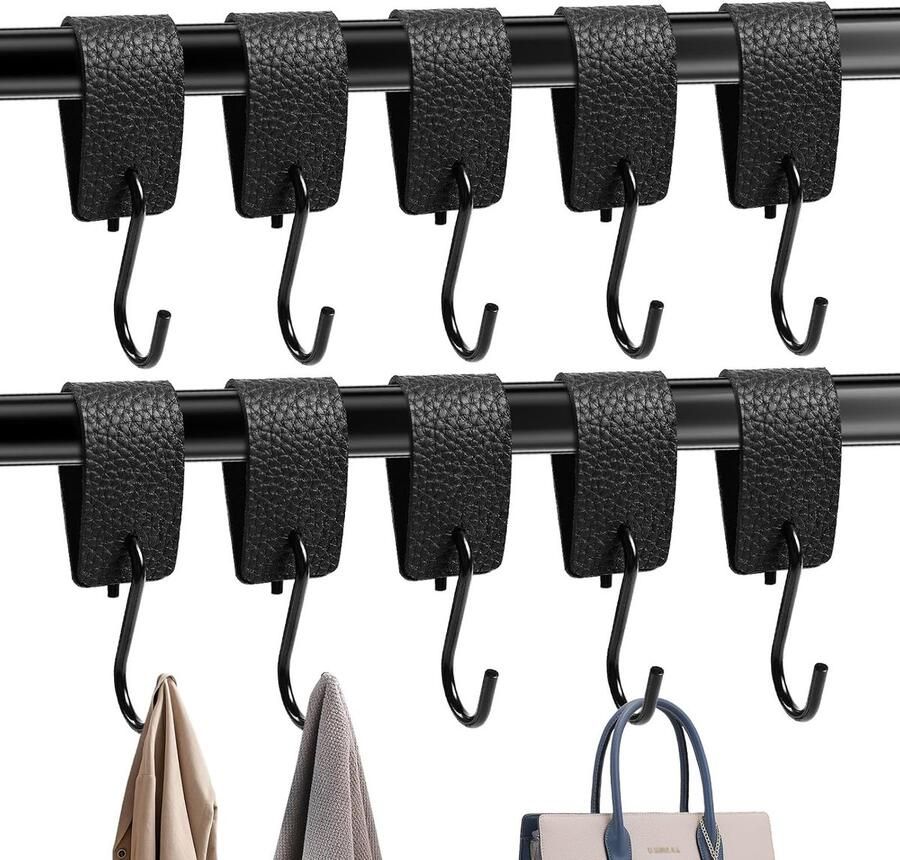 10 stuks S-haken met leren lus zwart kledinghaken garderobehaken metalen haken om op te hangen voor garderobe kledingstang keuken kastophanging camping multifunctionele haken