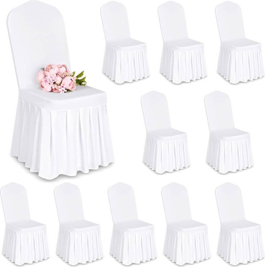 10 stuks stoelhoezen wit polyester spandex lycra stretch stoelhoezen met rok eetkamer bruiloft stoelhoezen universele wasbare stoelhoezen voor bruiloftsfeest banketdecoratie