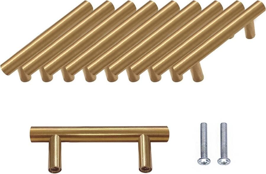 10 Stuks T-handgreep Geborstelde Kastdeurgrepen Hardware Roestvrij Staal voor Keukenkasten Lade Meubels Handgrepen Gatencenters 64 mm Goud - Foto 2