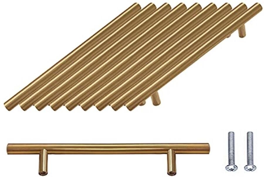 10 Stuks T-handgrepen Roestvrij Staal voor Keukenkasten en Meubels Geborsteld Goud