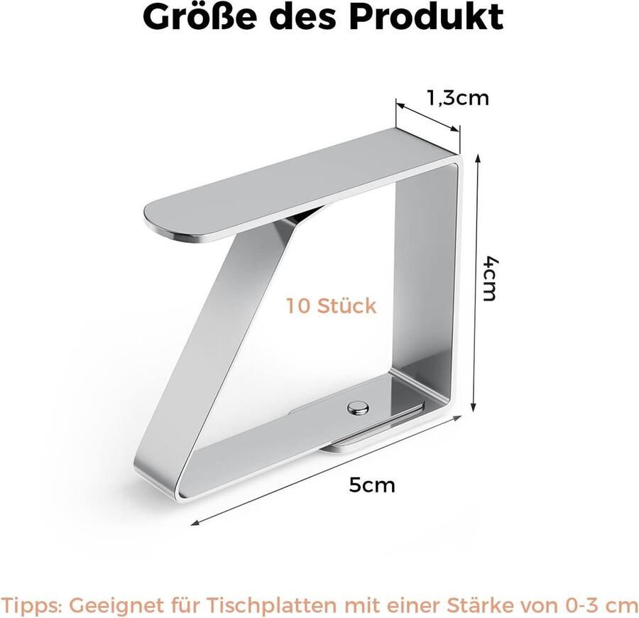 10 stuks tafelkleedklemmen roestvrij staal tafelkleedhouder tafelkleedklemmen 5 x 4 cm voor familie eettafel picknicks feesten bruiloften (zilver)
