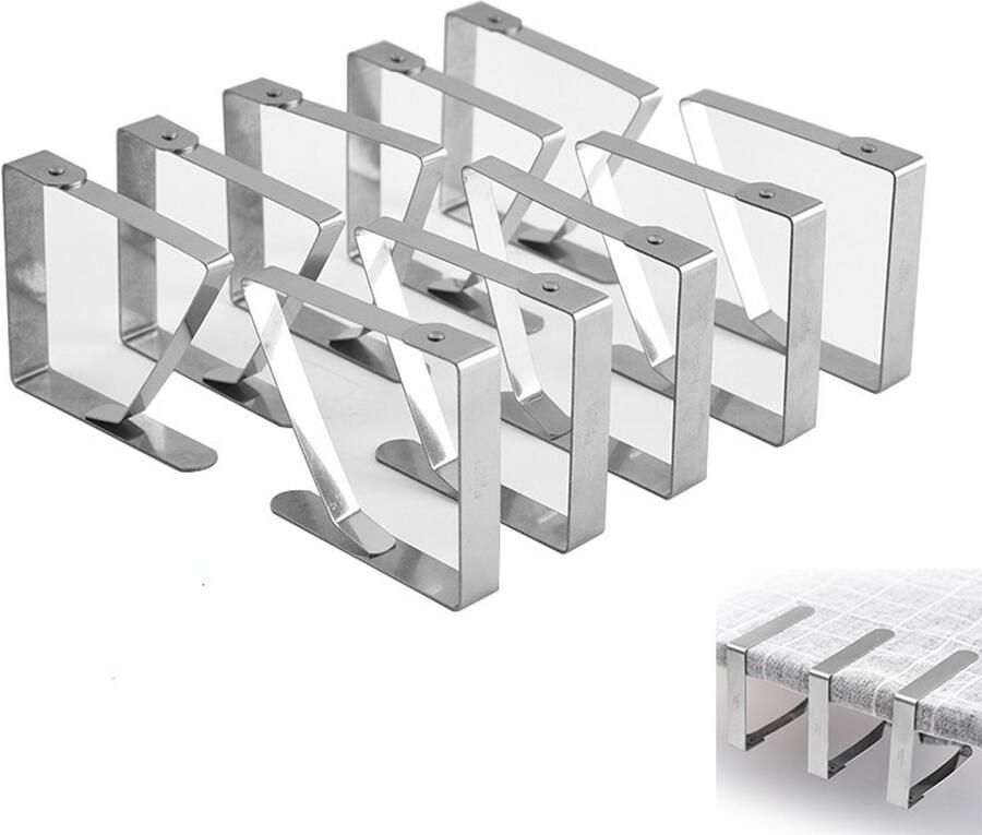 10-Stuks Tafelkleedklemmen RVS Tafelkleedklemmen Multifunctionele antislip tafelkleedklemmen voor binnen- en buitentafels Veilige houders voor picknicks feesten bruiloften diners 8 x 7 cm Zilver