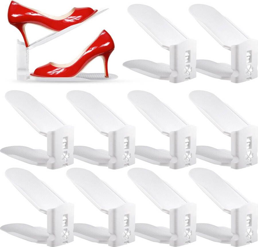 10 stuks verstelbare schoenenrekken schoenenstapelaars schoenenhouderset 3 in hoogte verstelbaar ruimtebesparend antislip kunststof wit