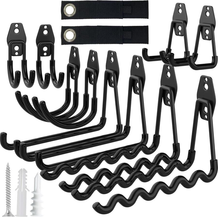 10 stuks wandhaken en 2 kabelbinders opslag dubbele haken voor gereedschap fietsen ladder stoel (zwart)