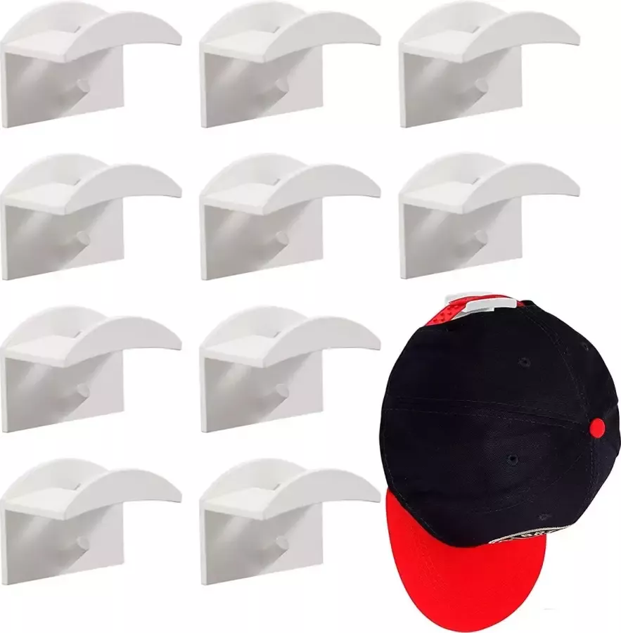 10 stuks zelfklevende hoedenhouders kaphaken voor wandmontage geen boren hoedenrek-organizer sterke grip voor baseballpetten moderne opslag van hoedenhangers (wit)