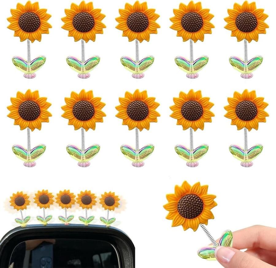 10 Stuks Zonnebloem Autodecoratie Set Decoratieve Wiebelbloemen Ornamenten voor Auto Interieur en Thuis Bureau Auto-accessoires Decoratie met Schattig Design