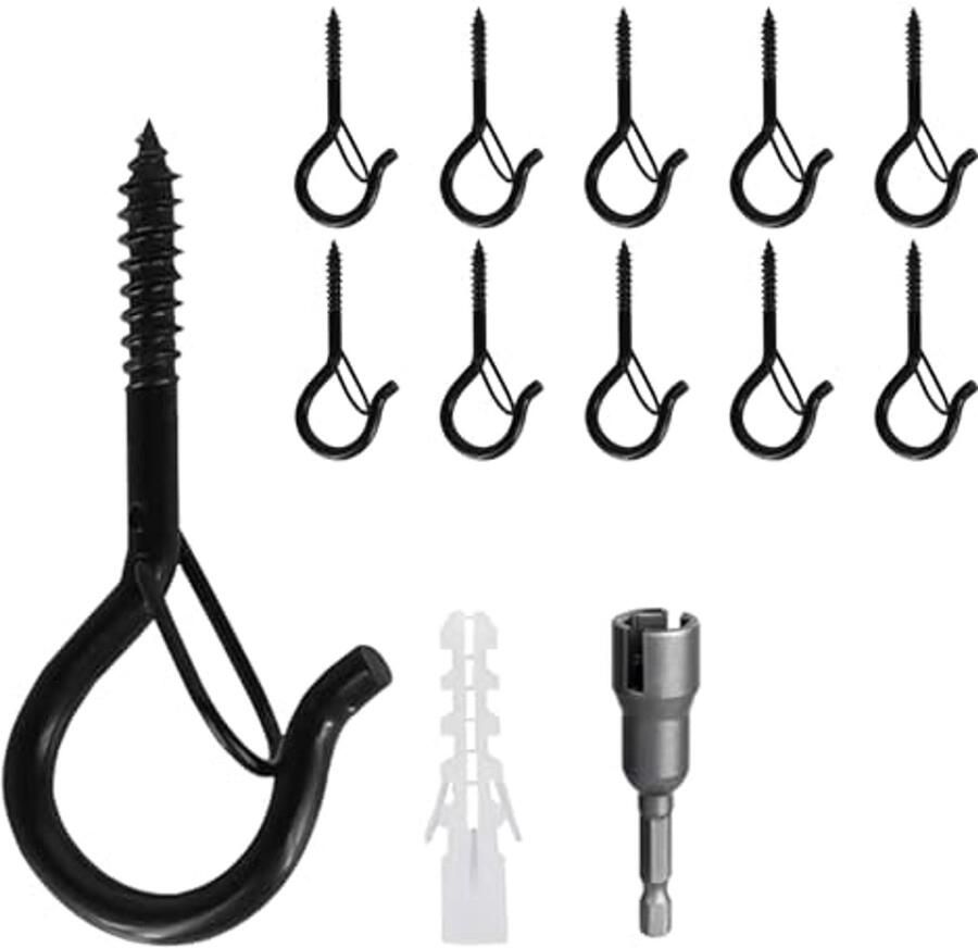 10 Stuks Zwarte Schroefhaken voor Plafond en Wand Roestvrij Staal Haken voor Planten Decoratie en Lampen