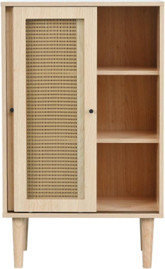 GOTAGEE 100 cm hoog dressoir in houtkleur met kunststof rotandeuren en glazen schuifdeuren met 6 vakken achter de deuren