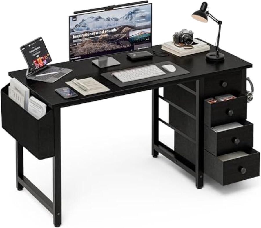 100 cm kleine computertafel met 4 stoffen laden omkeerbaar bureau voor kinderen jongeren en thuiskantoor moderne werktafel voor slaapkamers en kleine ruimtes zwart