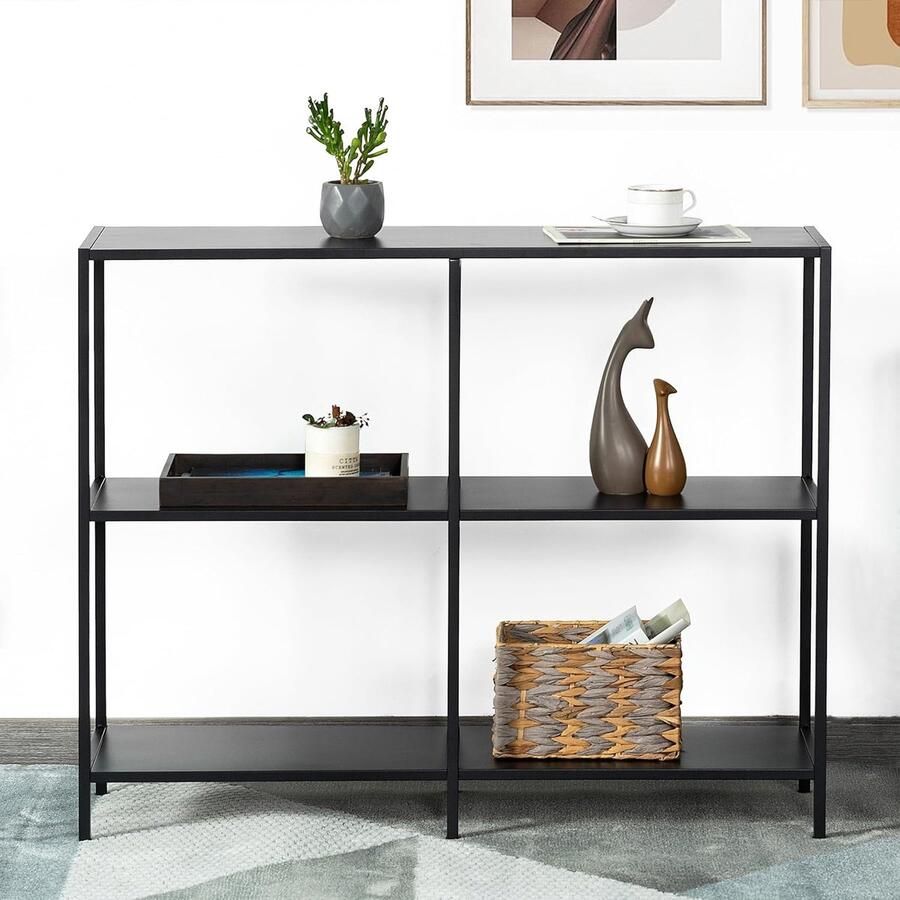 100 cm Metal Console Table met 3 Levels Narrow Entrance Table Modern Sofa Tafel voor Woonkamer en Slaapkamer Zwart