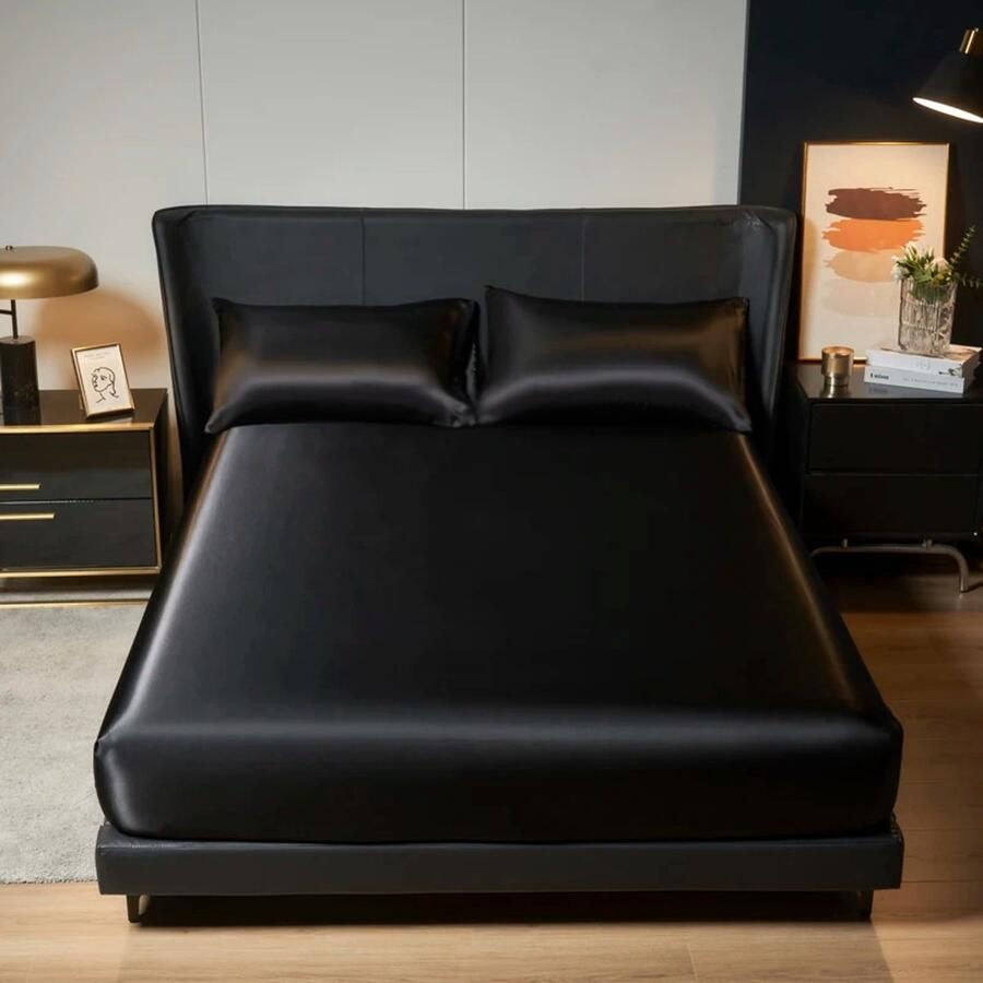 100% Polyester Satijnen Bedlinnen Set Luxe 3-delige Set met Fitted Sheet en Kussenslopen Glanzend en Comfortabel Beddengoed voor Queen Size Bed Elastische Band voor Perfecte Pasvorm