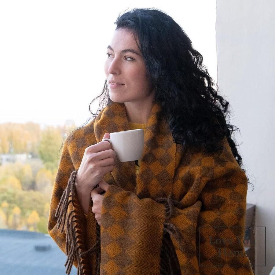 100% Wollen Plaid Warme Dekens & Spreien van Naturel Schapenwol Grote Deken voor Bed Sofa en Bank (140 x 200 cm Mosterd Bruin Ruitpatroon)