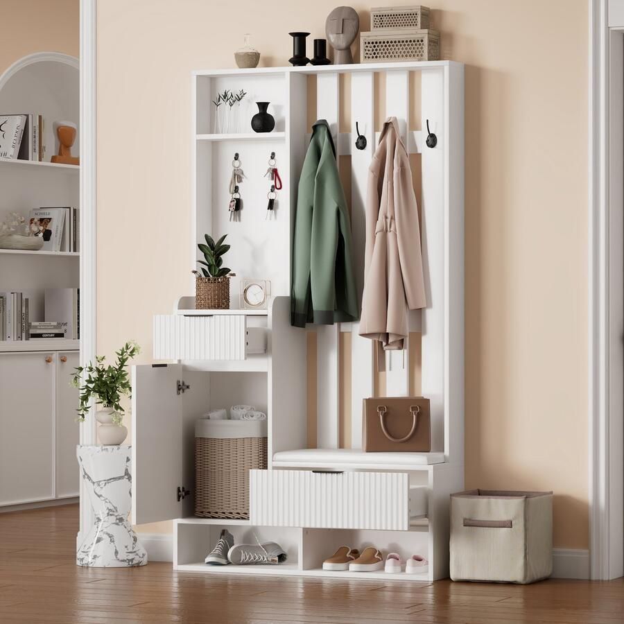 Re-purelife 6-in-1 Gangmeubel 100x30x180 cm Wit Garderobekast met 8 Haken Schoenenbank & Opbergplanken Anti-Omval Beveiliging Moderne Kapstok met Kledingroede Opbergmeubel voor Hal Ruimtebesparend & Stevig - Foto 2