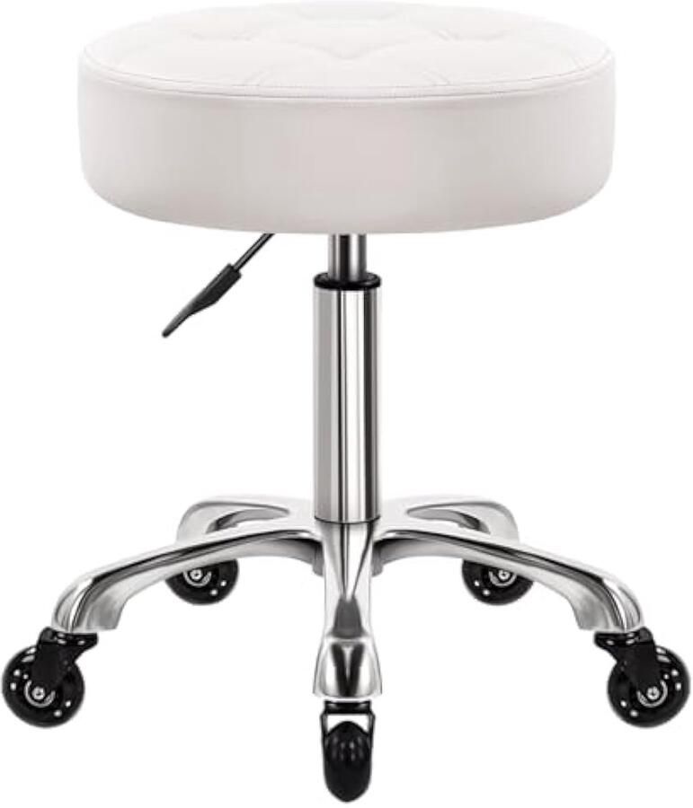 11 cm Dikkere Kantoorkruk op Wielen Draaibare Verstelbare PU Lederen Stoel voor Keuken Salon Kantoor Massage Wit