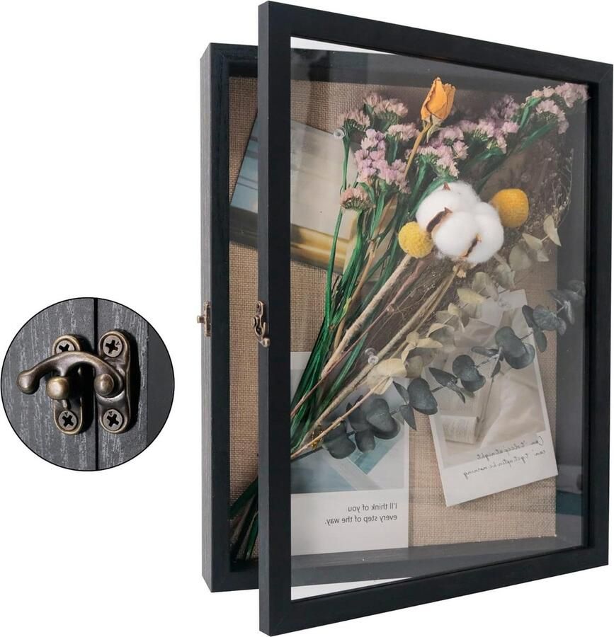 11 x 14 vitrinekast groot zwart frame met glas diepe schaduwdoos bruiloft boeket bloemen medailles foto's